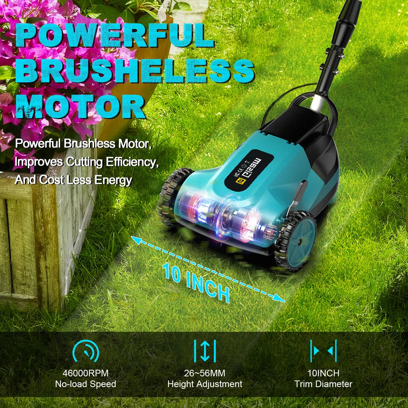 Gisam 46000RPM Brushless Electric Lawn Mower Cordless Grass Trimmer 3 Height Adjustments Garden Tool For Makita 18V Battery Pin